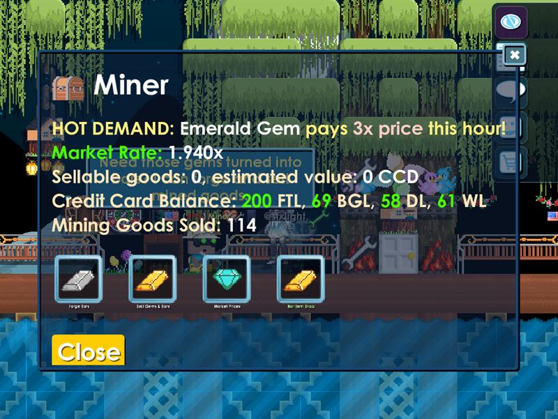 Miner menu showing sellable goods, demand information, and account balance