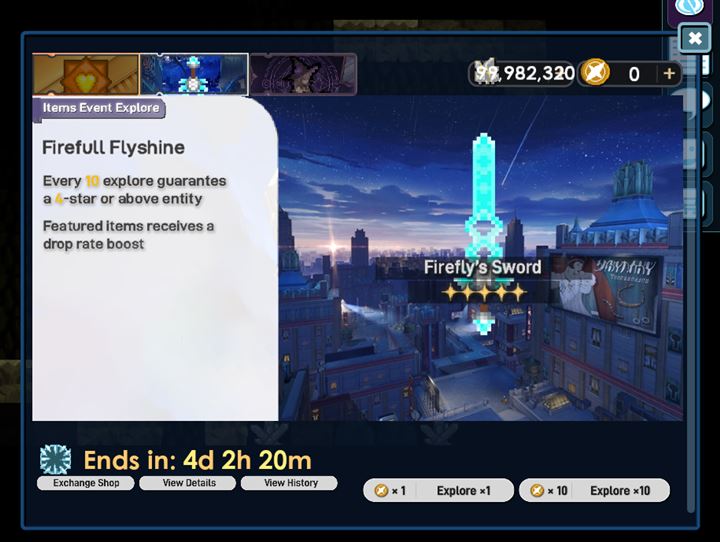 Weapon event menu featuring Firefly's Sword and event controls