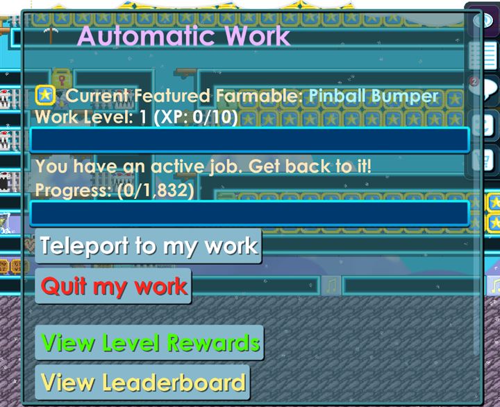 Work progression menu showing level, experience, featured farmable, and rewards