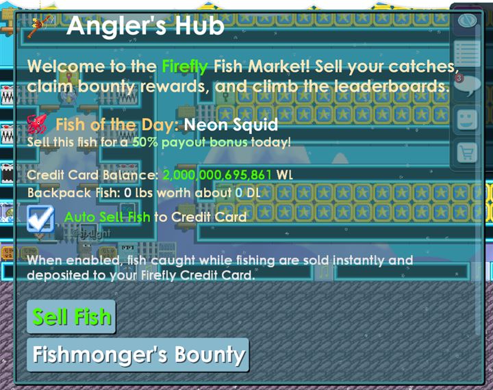 Angler's Hub menu showing fish sales, catch value, and bounty progress