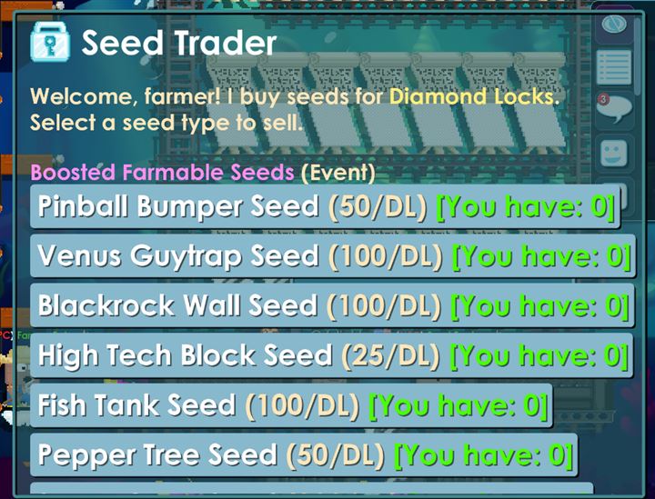 Seed Trader menu showing farmable seeds and Diamond Lock prices