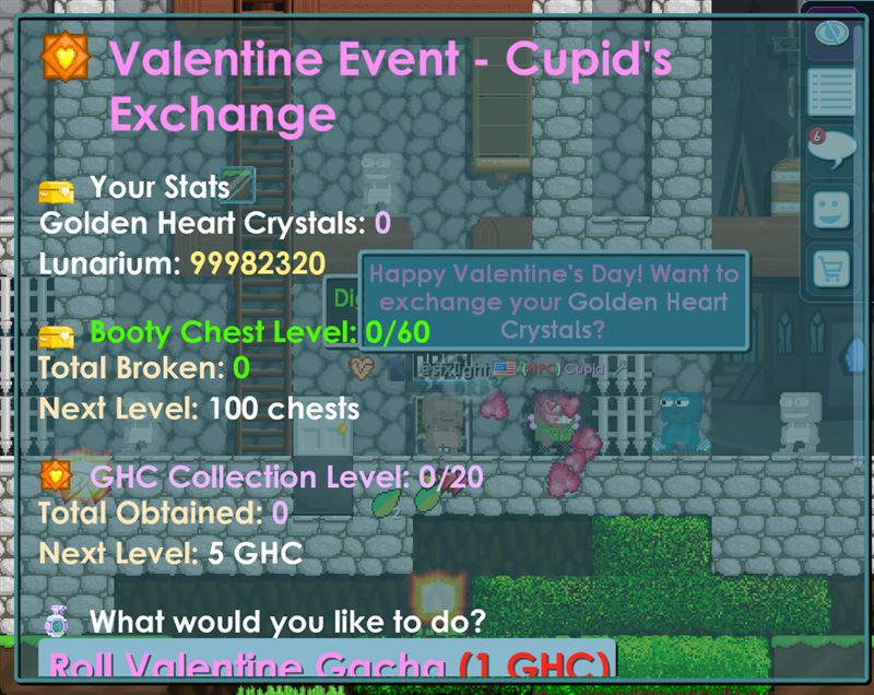 Valentine event exchange showing event currency, chest progress, and rewards